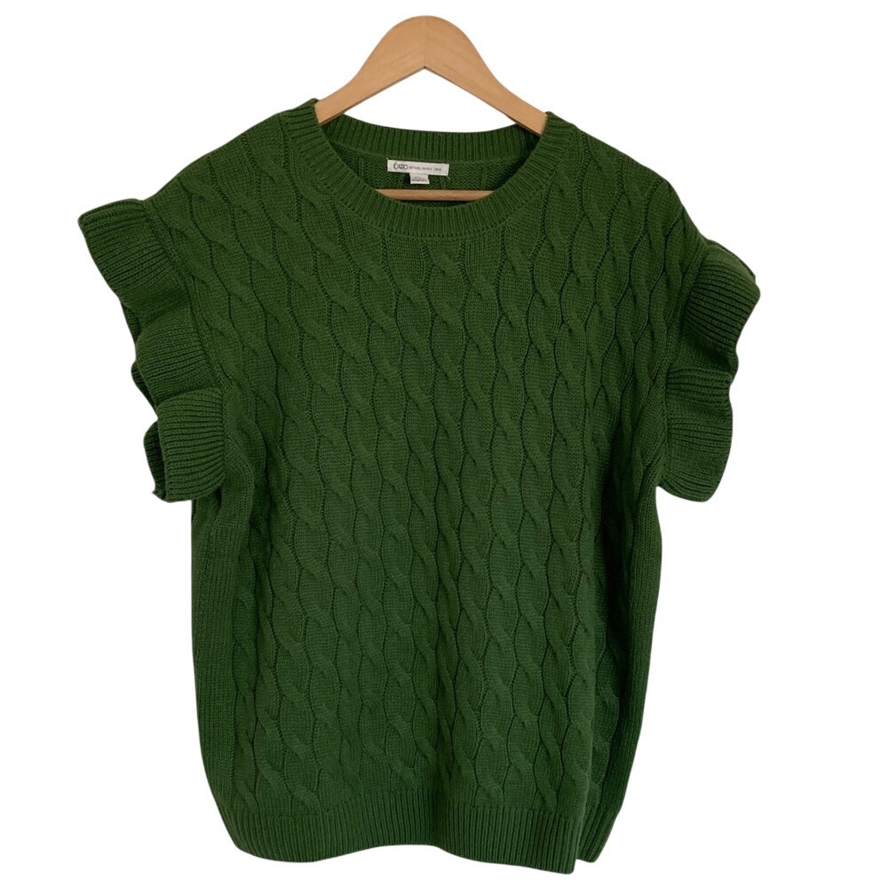 Cato Womens Kelly Green Cable Knit Sweater Ruffle Cap Sleeves Size XL Preppy‎